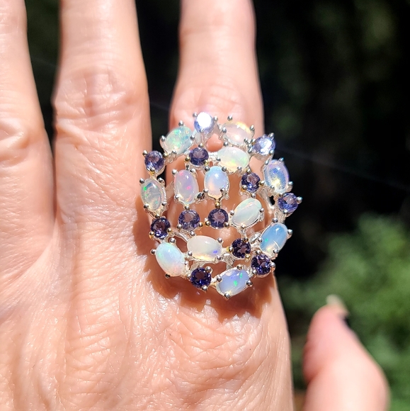 Blue Opals & Lolite 925 sterling cocktail ring sz 8.5 - Picture 6 of 8